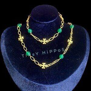 Tory Burch Roxanne Green & Gold Chain Link Necklace & Bracelet Set